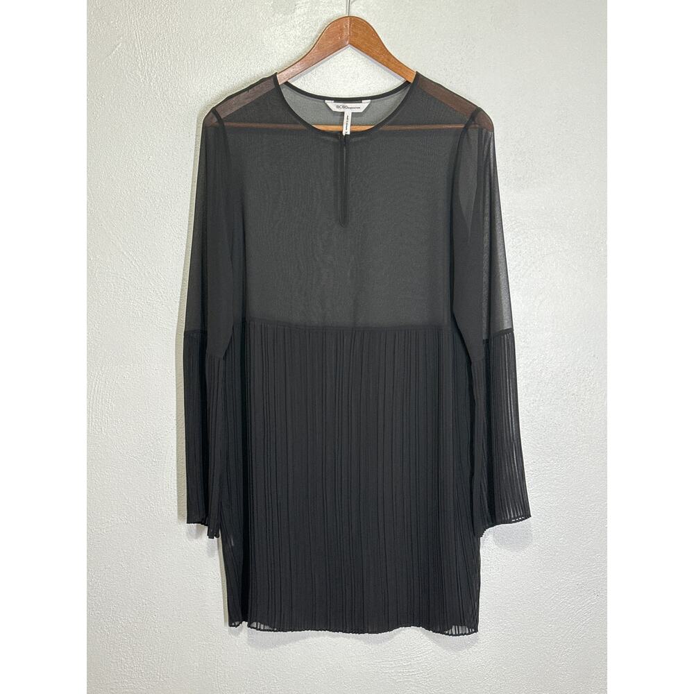 BCBG Generation Sheer Dress M Black Pleated Skirt Sleeves Glam Goth Dark Fairy